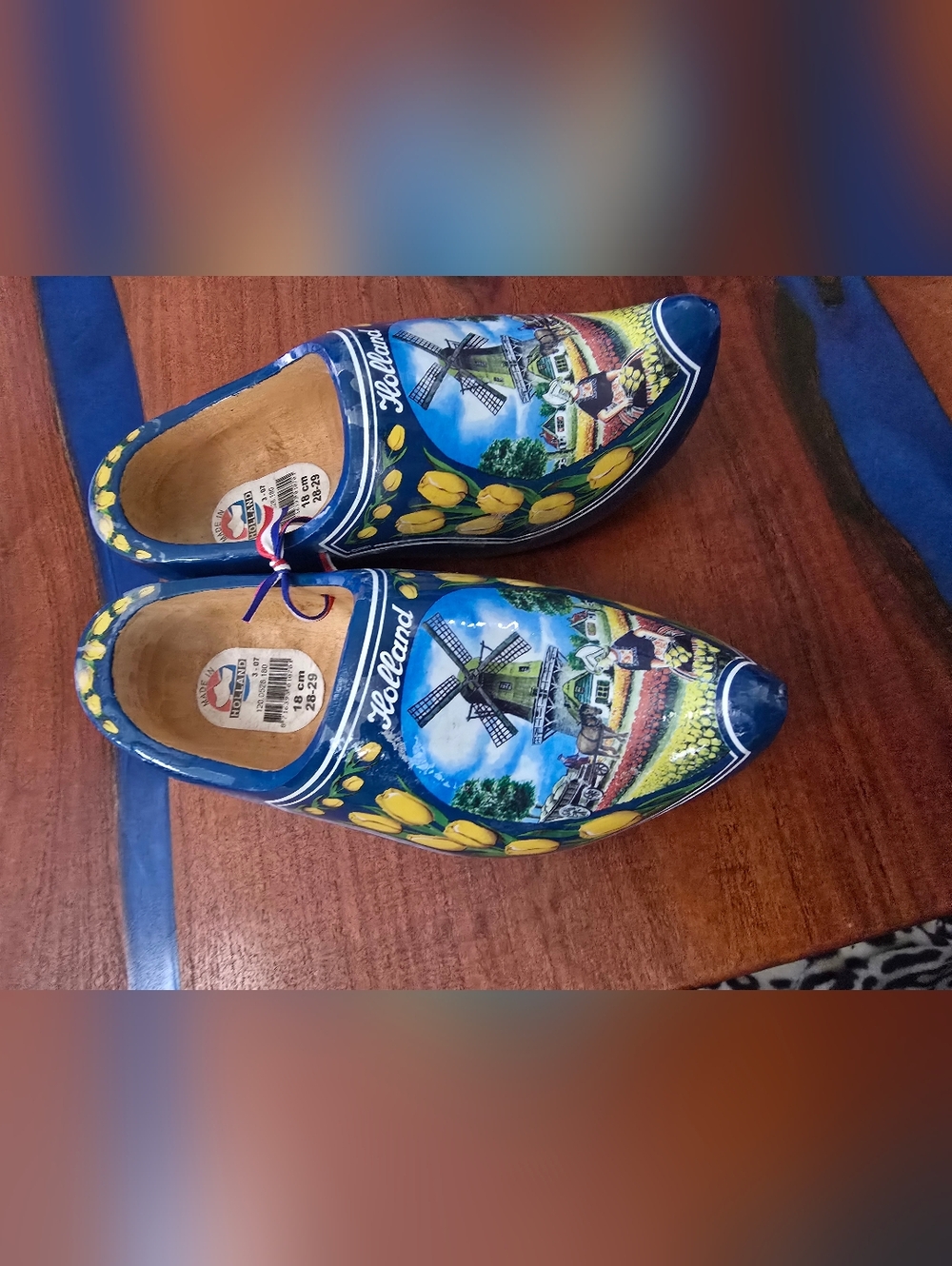 Holland Blue Kids Wooden Moccasin Clogs with Tulip & Windmill Art
